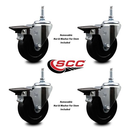 Service Caster 4 Inch Soft Rubber 38 Inch Threaded Stem Caster Set with Brake SCC-TS20S414-SRS-PLB-381615-4